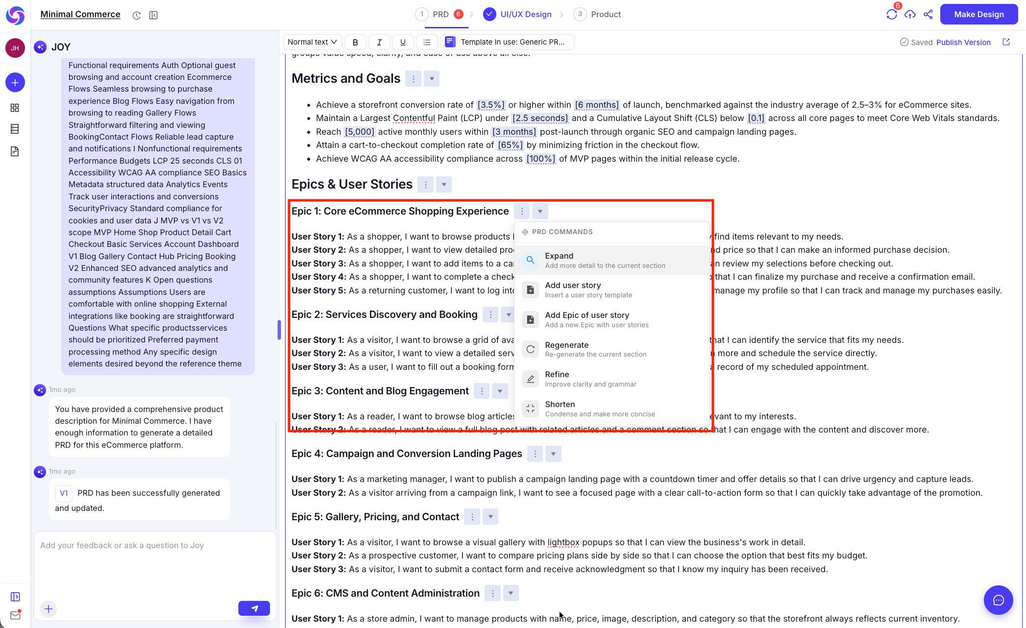 Inline AI editing in the PRD
