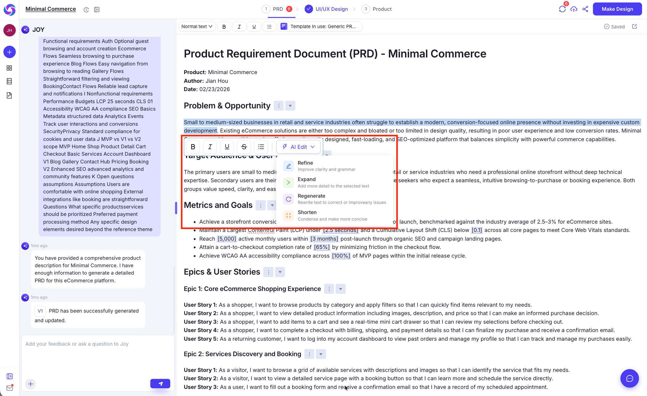 Inline AI editing in the PRD