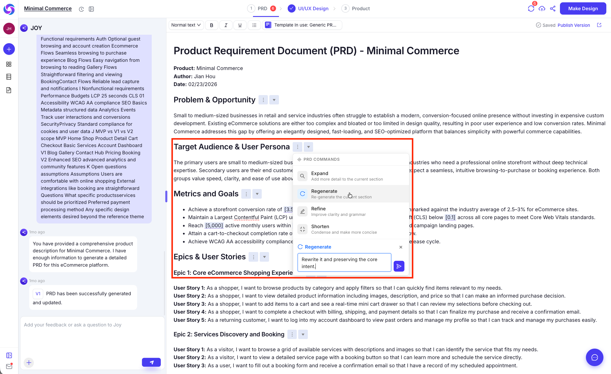 Inline AI editing in the PRD