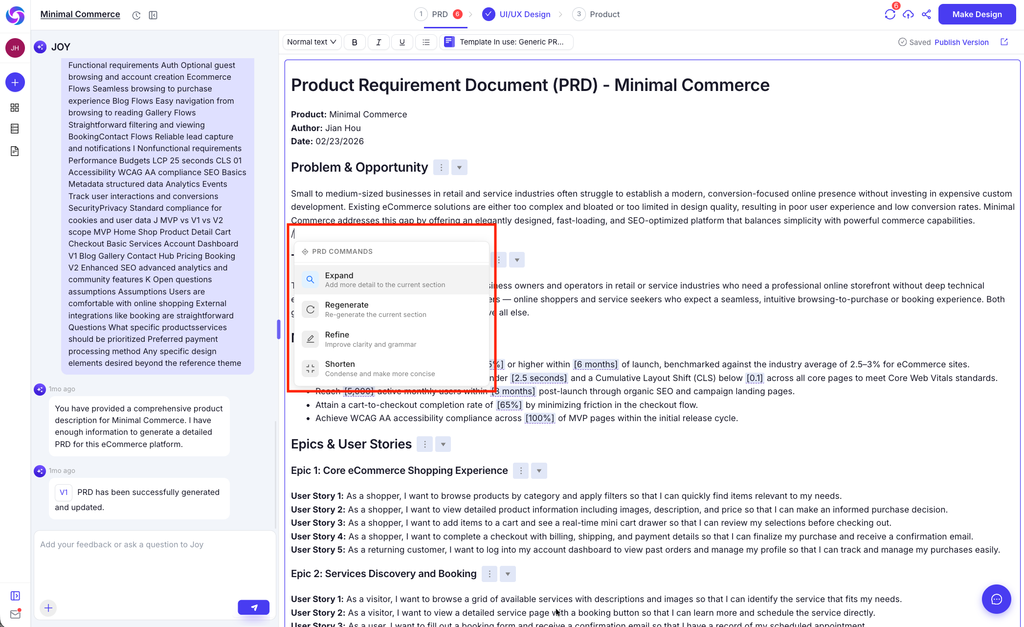 Command-based editing with slash menu in the PRD