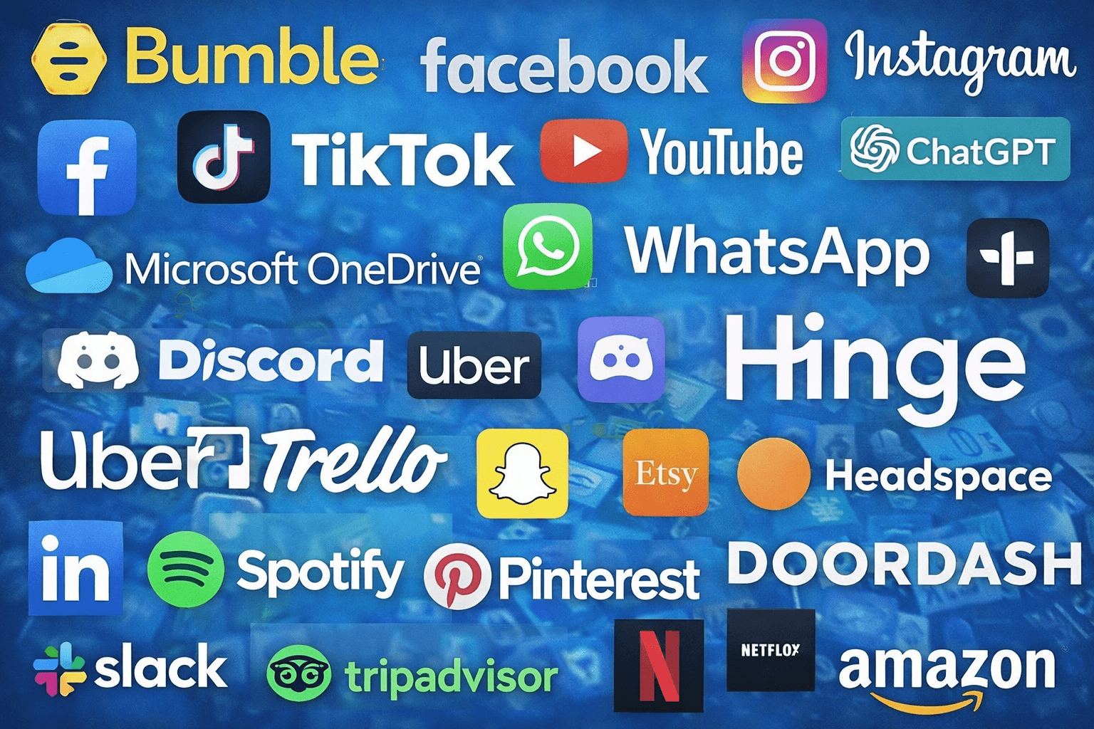 image that's filled in with popular app names, including Bumble, Facebook, Instagram, TikTok, YouTube, Chat GPT, WhatsApp, Hinge, Microsoft OneDrive, Discord, etc.