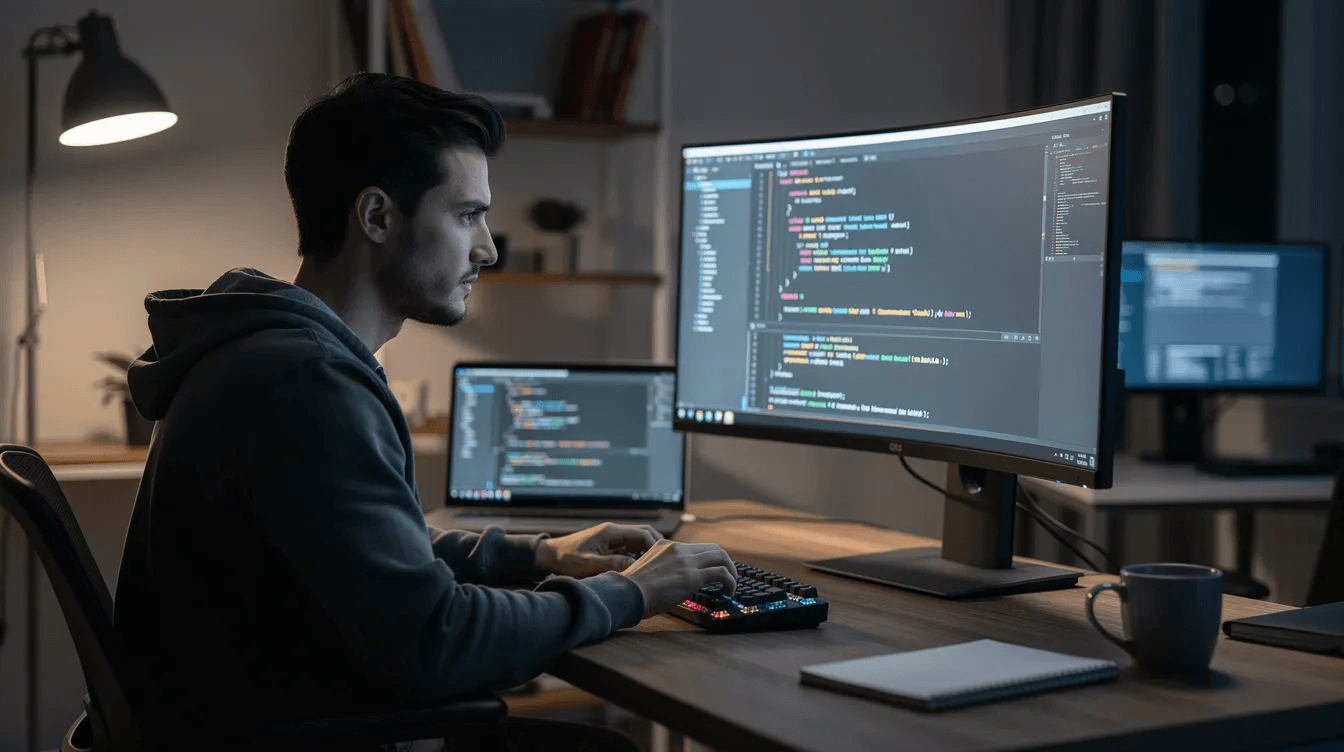 The image depicts a man focused on his computer screen, actively writing code for a software application. His workspace is organized, reflecting a professional image as he navigates the complexities of the coding process, likely brainstorming ideas for a successful app name or checking domain availability.