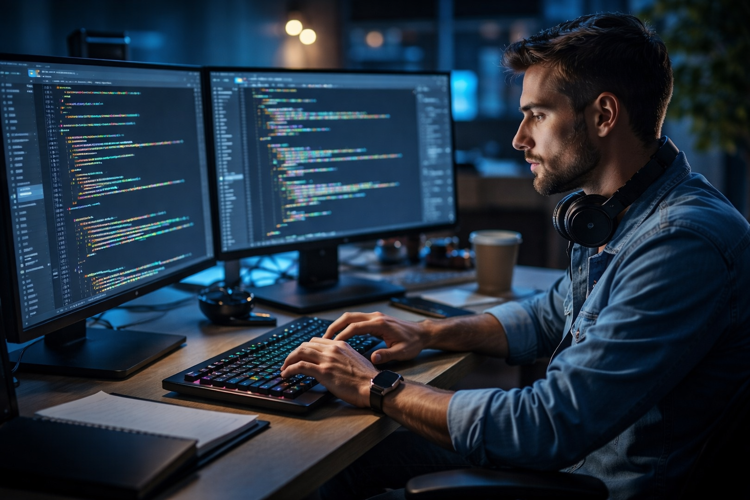 Image of a developer sitting at desk writing code for an AI project, emphasizing the need to code generation tools and machine learning workloads
