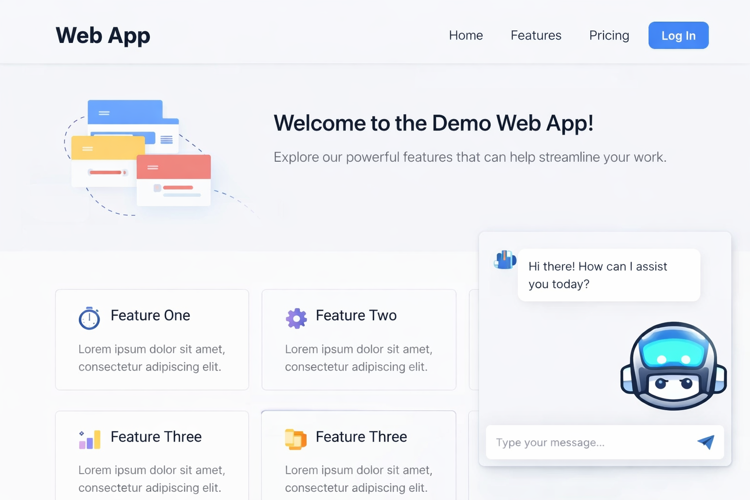 Image showing a basic web app with a chatbot feature which can be created using no code or low code app builders instead of programming large language models from scratch