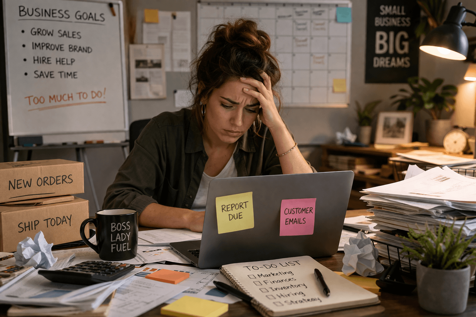 featured image for AI Automation Ideas for Small Businesses showing business owner looking frustrated, because she is not using automation technology and natural language processing AI for intelligent automation, workflow automation, data quality, intelligent document processing, and other business process management, which requires far more manual effort