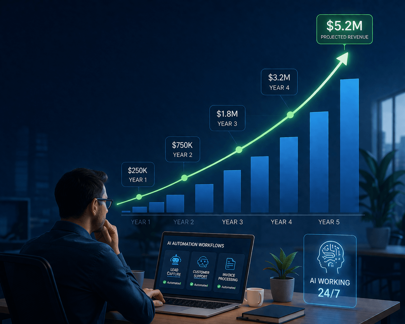 image showing a man at his computer with a hypothetical revenue growth chart, which highlights how founders can use AI to automate supply chain management, data management, legacy systems, predictive maintenance, and other tasks to enable faster scalability. 