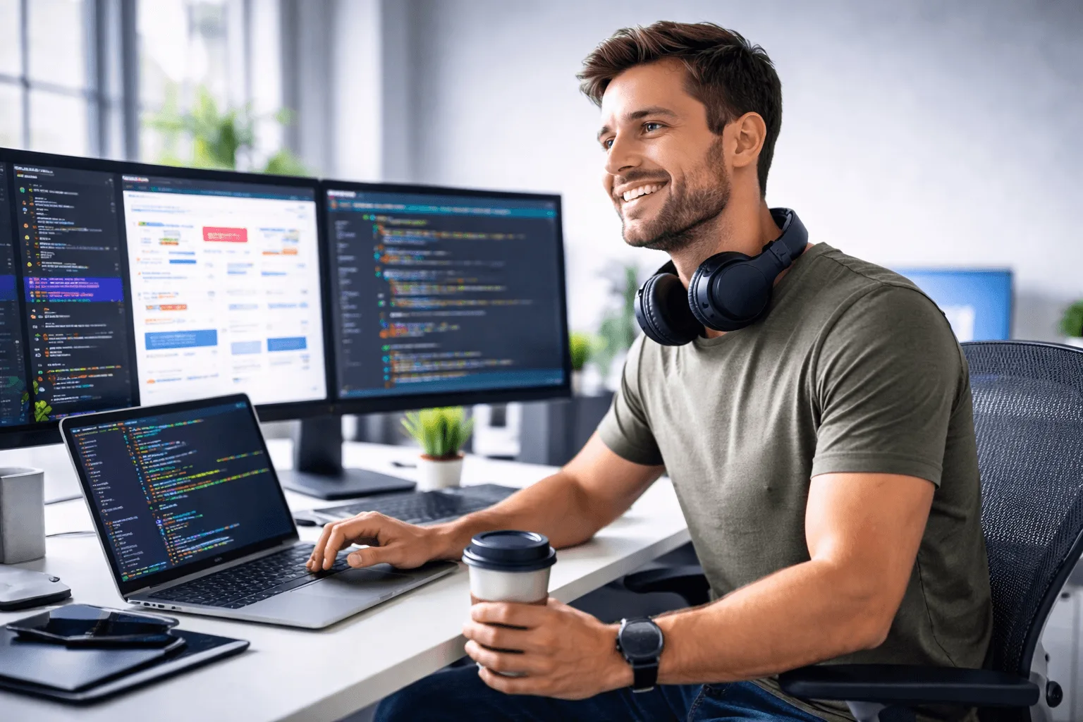 software engineer looking successful and happy because Omniflow has helped them unlock new levels of productivity, allowing them to focus on important full stack developer jobs and improve their full stack developer skills for backend service