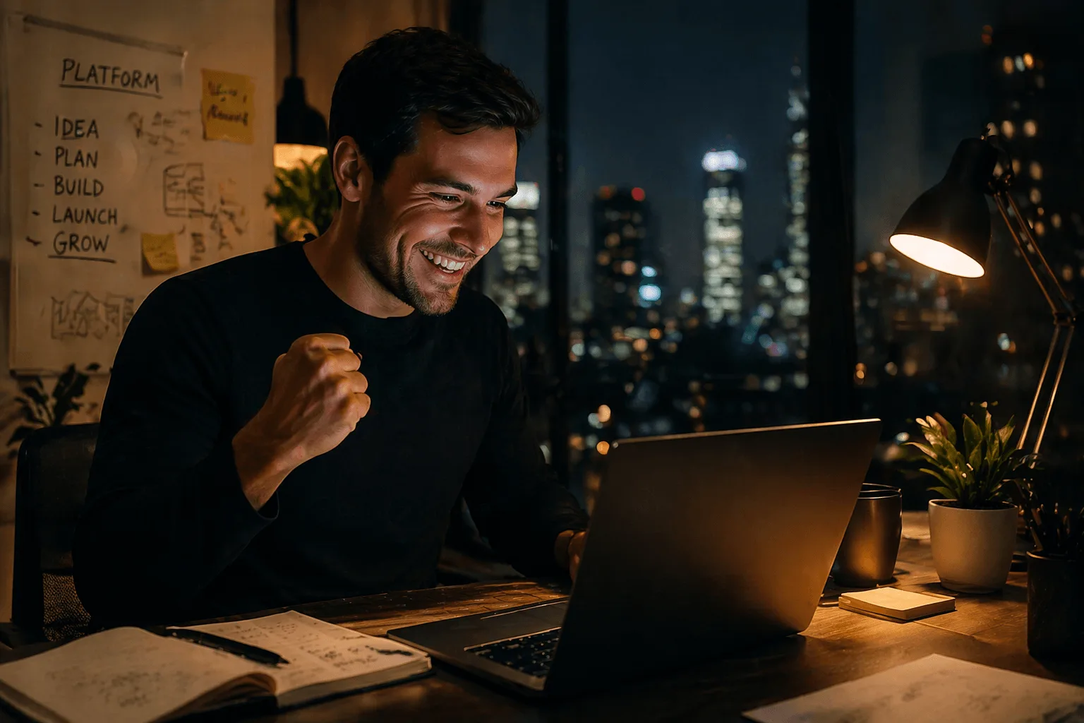 image that looks like a founder working late at night but succeeding because they used Omniflow AI credits to build and manage a successful AI product 