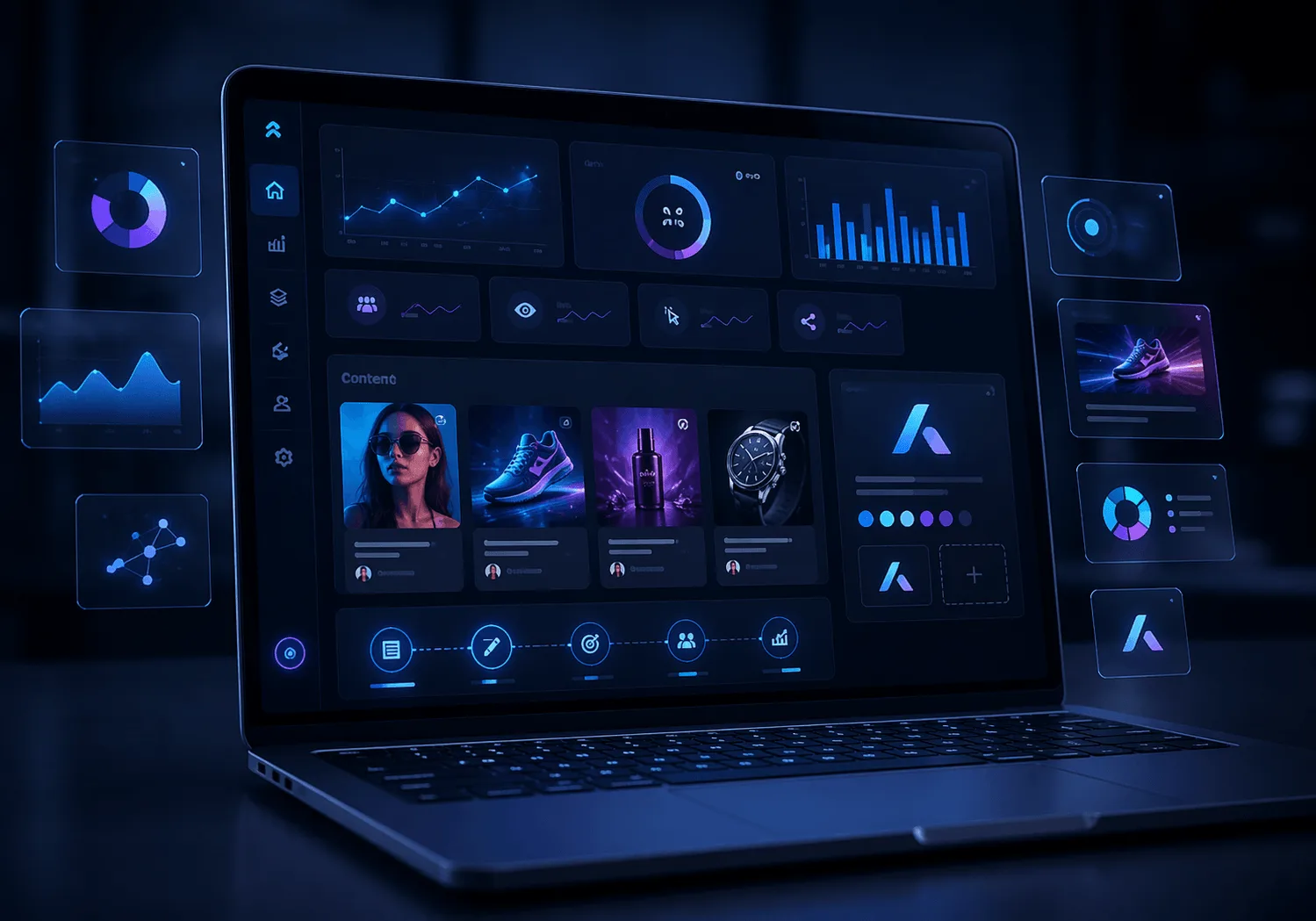 Concept art of AI branding and marketing platform built with omniflow, which would allows users to create and edit content, design browser-based images, and use artificial intelligence to supercharge their marketing efforts. 