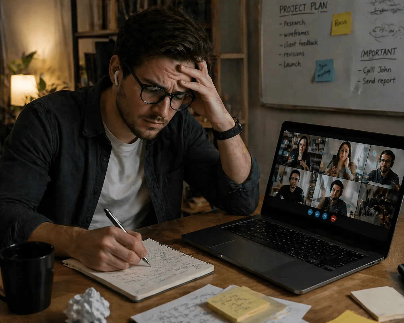 image that looks like a remote employee is in a virtual meeting and taking notes manually while looking a bit stressed - image emphasizes how founders can build AI tools that improve client communication and meetings by consolidating manual note taking and multiple platforms into a single simple minimum viable product platform similar to other existing solution for AI note taking