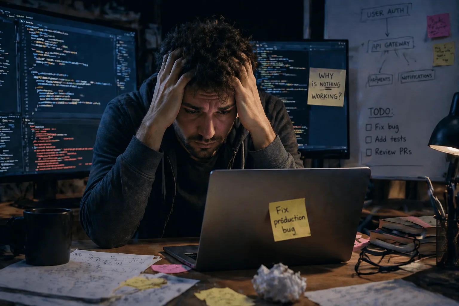 Image showing a frustrated, stressed-out developer who is wasting time dealing with spaghetti code, instead of having started with a better overall structure and plan for their main program