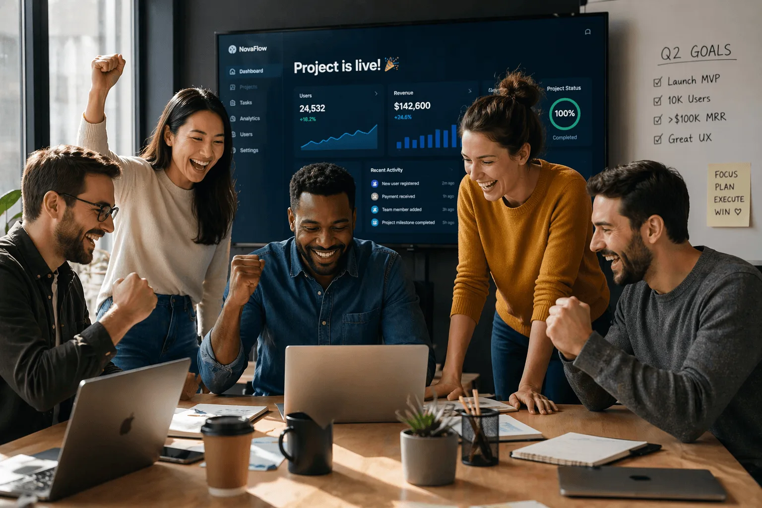 mage that looks like a successful product development team nailing their goals, emphasizing the way that Omniflow can help teams and engineers reduce the number of global variables that can go wrong when requirement changes later on. 