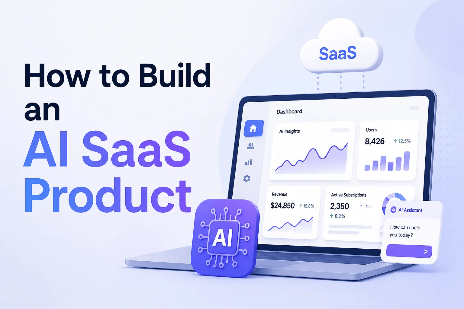 featured image for How to Build an AI SaaS Product (Step-by-Step) - Showing the title and a user interface of an AI saas solution, ai saas application, ai powered products