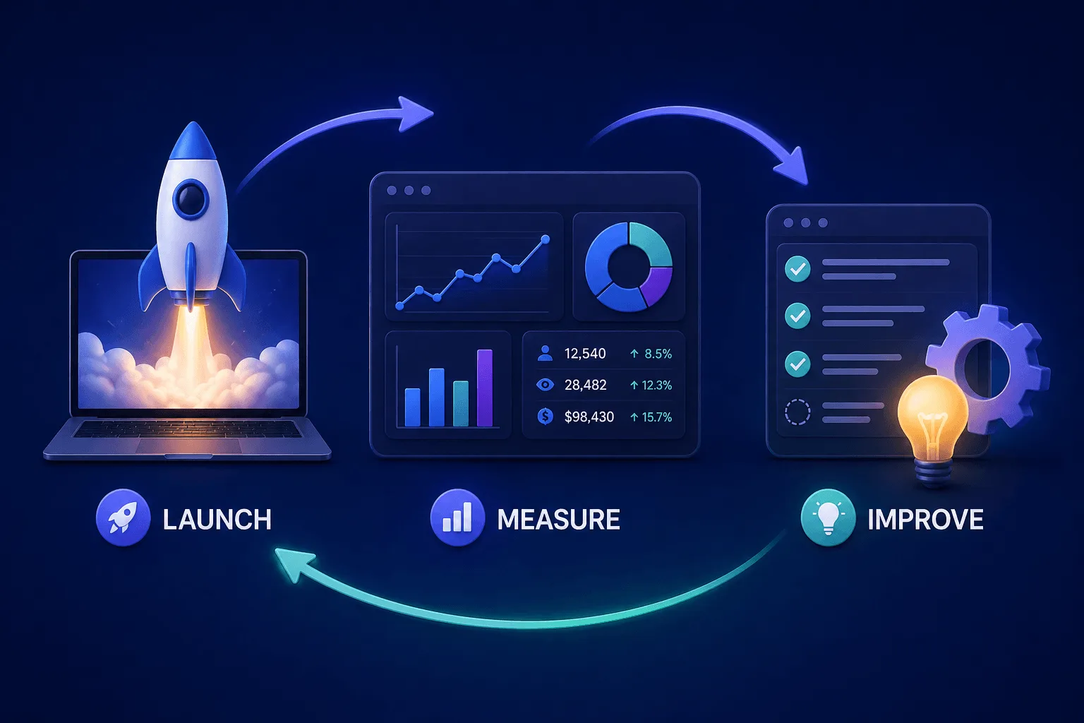 Image representing how to launch, measure, and improve Saas apps after deployment, including double checking data privacy, predictive maintenance, collecting data-driven insights, and optimizing AI powered features