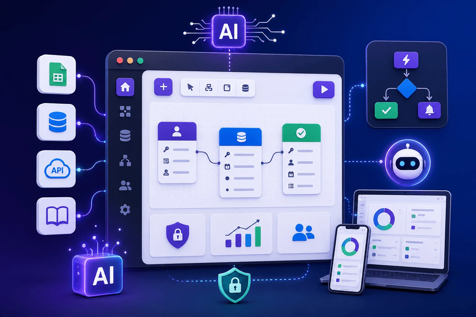 Illustration of an AI-powered internal tool dashboard showing internal dashboards, external integrations, AI agents, and a visual builder used to generate screens and manage complex workflows. Image represents low code building tools with custom domains, custom logic, real time data connections, natural language interfaces, and integration depth for enterprise features such as enterprise grade security, tech stack flexibility, tool depends logic, self hosted environments, and workflow automation designed for technical teams and real-world business workflows.