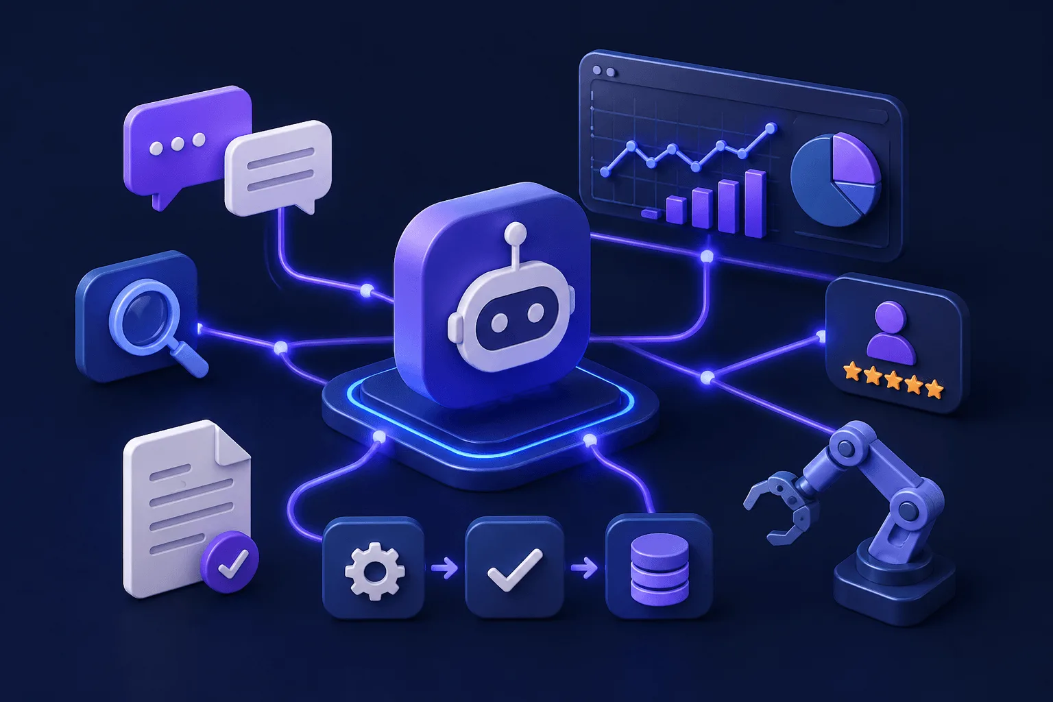 Illustration of AI-powered web applications using conversational AI, data analysis, predictive analytics, and task execution to automate repetitive tasks, improve user interactions, support data-driven decision making, strengthen user trust, detect fraud, and enhance user engagement through AI platforms, virtual assistants, pre trained models, fine tune models, AI APIs, and ongoing monitoring within an existing technology stack.