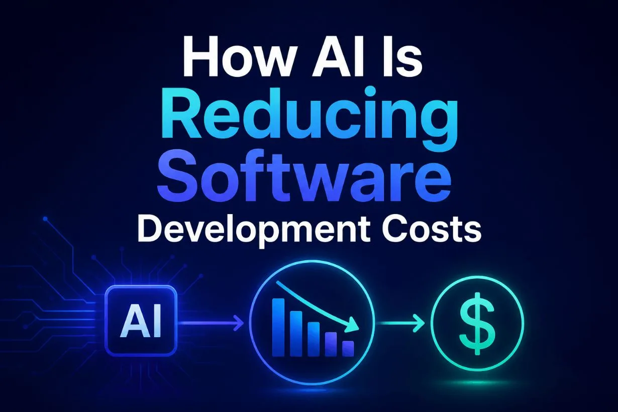 Featured image about AI development cost statistics and how AI development is reducing software development costs in 2026. Futuristic graphic shows AI systems, generative AI, AI tools, and machine learning workflows helping businesses lower development cost, total cost, and overall development cost for modern software projects. The image references AI models, AI solutions, AI investment, AI projects, AI development projects, and AI engineers working with existing systems, data quality, data availability, data preparation, and computational resources to improve cost savings and reduce infrastructure costs. Visual elements also represent integrating AI, model complexity, model training, machine learning, natural language processing, custom models, and AI implementation while highlighting how AI-native workflows reduce unexpected expenses, support decision making, and lower the estimated cost of long term software and artificial intelligence development.