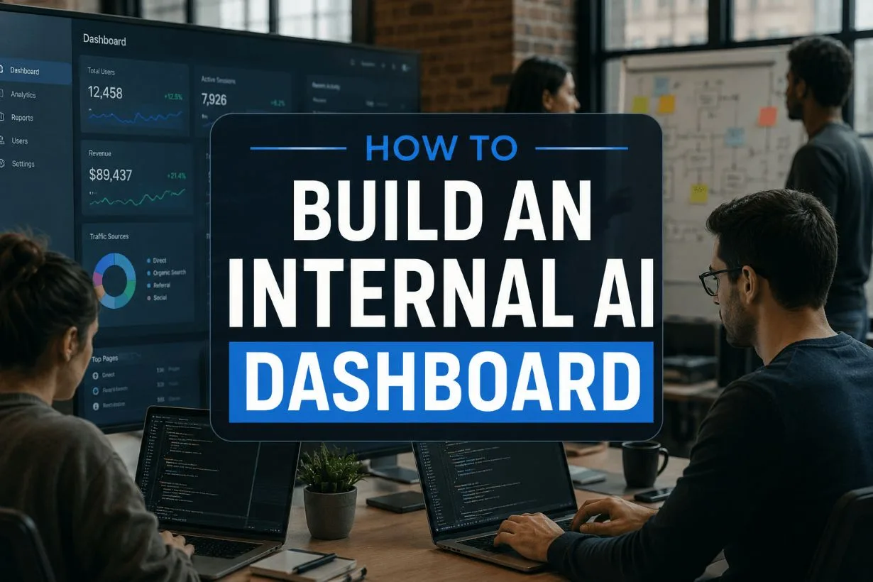 Development team collaborating while building an internal AI dashboard using modern AI tools, with multiple screens showing interactive dashboards, key metrics, data analysis, actionable insights, predictive analytics, automated anomaly detection, natural language queries, conversational analytics, AI-generated dashboards, data integration workflows, data sources, data warehouses, historical data, real-time business context, campaign performance tracking, custom data visualization, and AI-powered dashboard interfaces designed for business users and data teams.