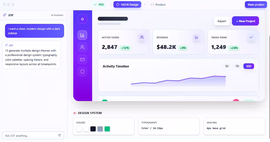 Image showing the Omniflow AI tools user interface, where users can use natural language prompts to describe their ideas, implement changes, add/remove features, optimize products for AI search, etc.