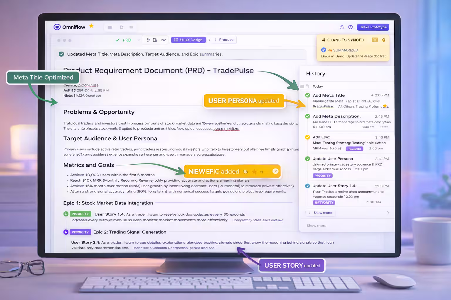 Image showing a living PRD and how Omniflow can help optimize websites for FREE AI SEO tools, google's AI overviews, AI search platforms, Generative engine optimization, AI search engines and other types of platforms. 