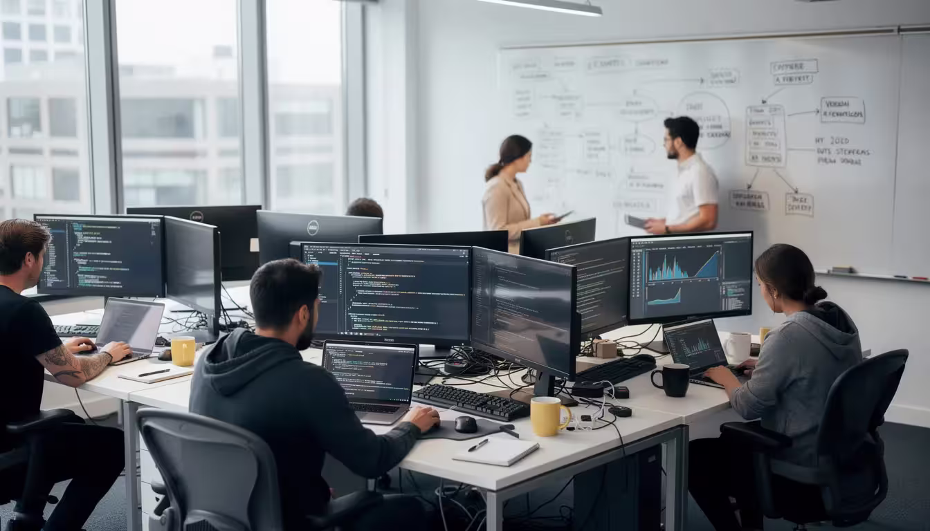 The image depicts a diverse team of software developers collaborating at their workstations, engaged in the software development process. They are utilizing various AI tools to enhance their coding skills and problem-solving abilities, reflecting the evolving landscape of the software development industry.