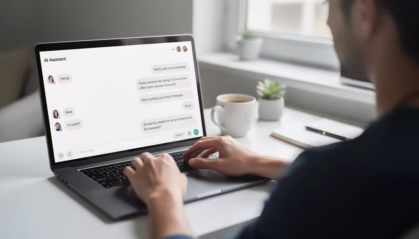 The image shows a person engaged in a conversation with an AI displayed on their computer screen, highlighting the interaction between human creativity and artificial intelligence in the software development landscape. This scene reflects the ongoing discussion about whether AI will replace software engineers and its impact on coding skills and problem-solving in the industry.