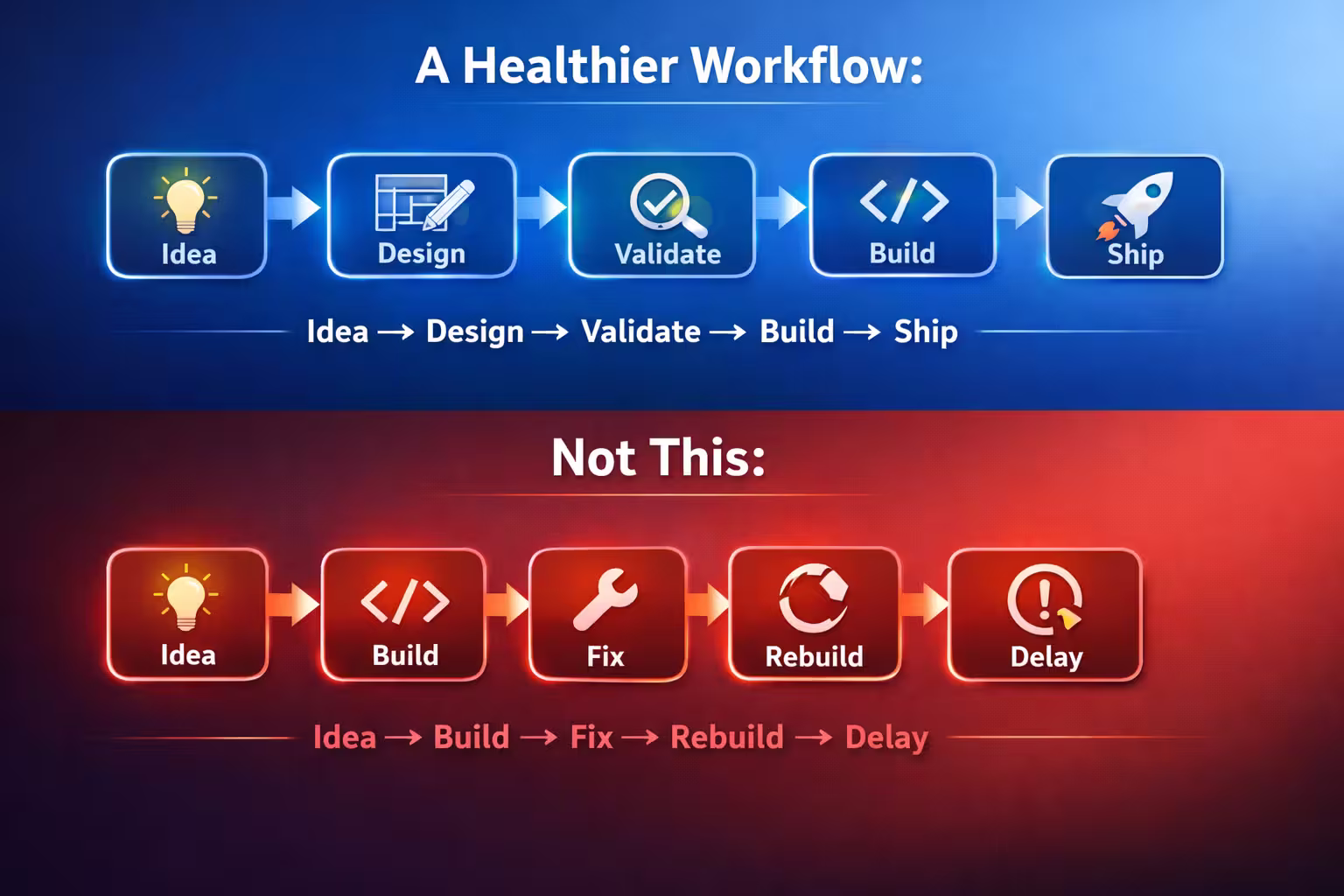 Infographic showing how omniflow improves the information architecture and how products are developement using real-time UI editing. 