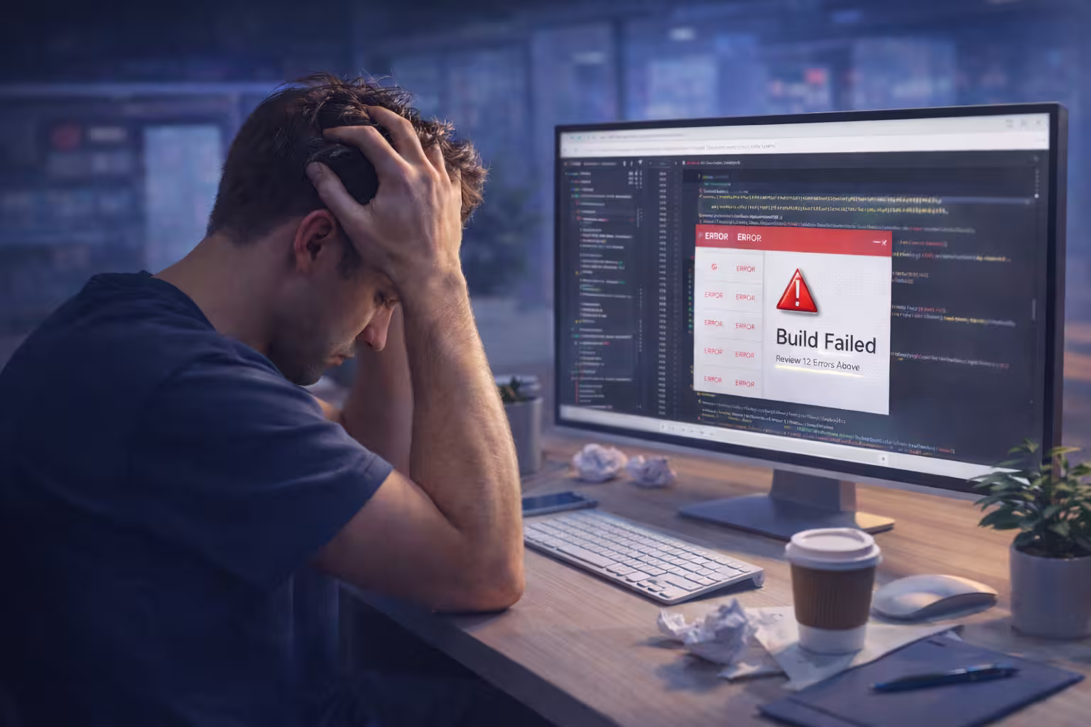 Image of frustrate developer sitting at his computer, because his UI was not any good and he had trouble getting his big ideas and export designs aligned for his project. 