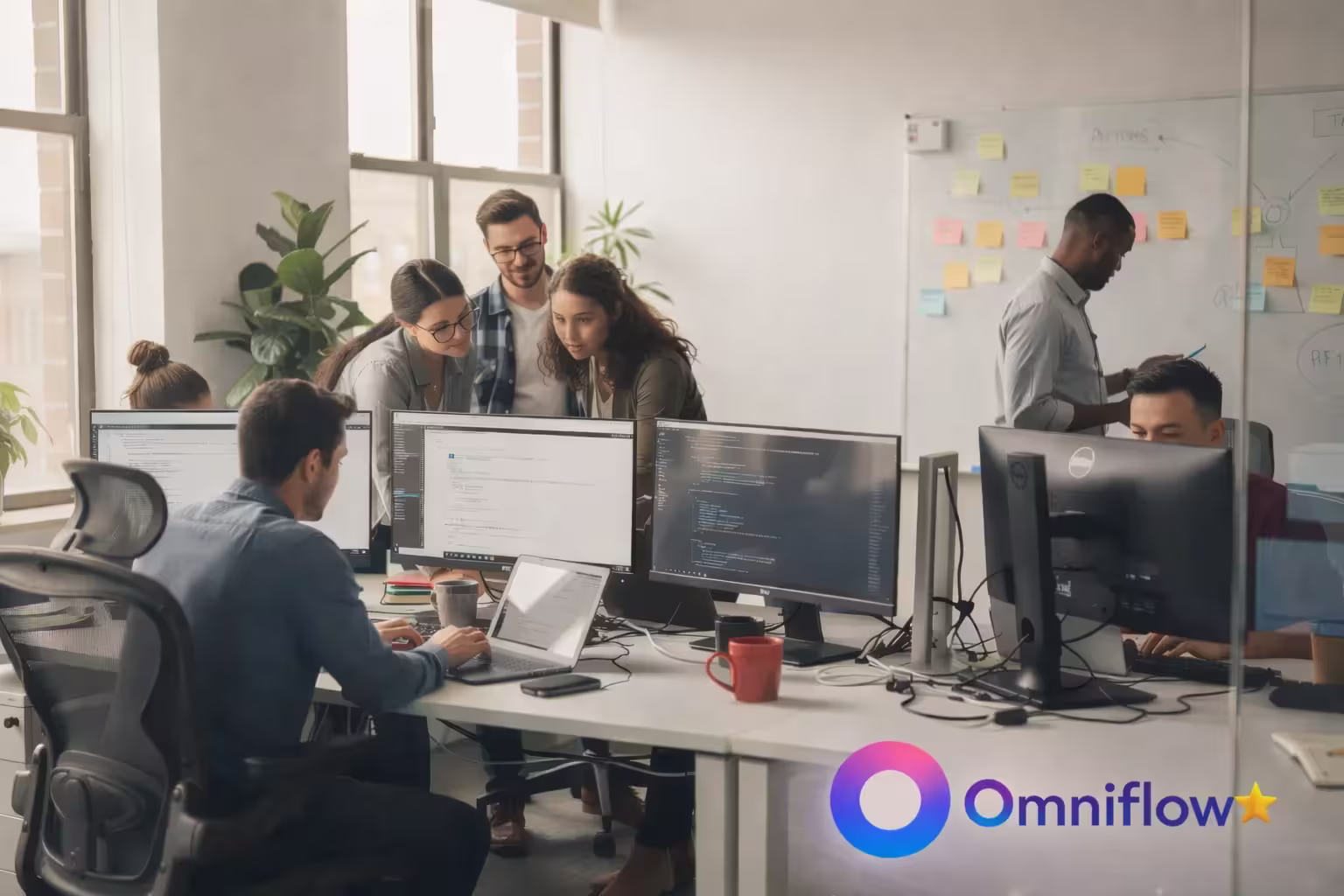The image depicts a diverse software team working diligently in a shared workspace, collaborating on user stories and product requirements documents. They are engaged in discussions about business objectives and success metrics, ensuring that all team members are on the same page in an agile environment.