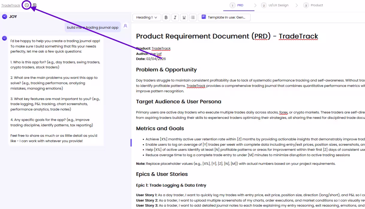 The image depicts Omniflow's sleek and modern user interface and shows where users can access PRD version history to track changes and revise updates.