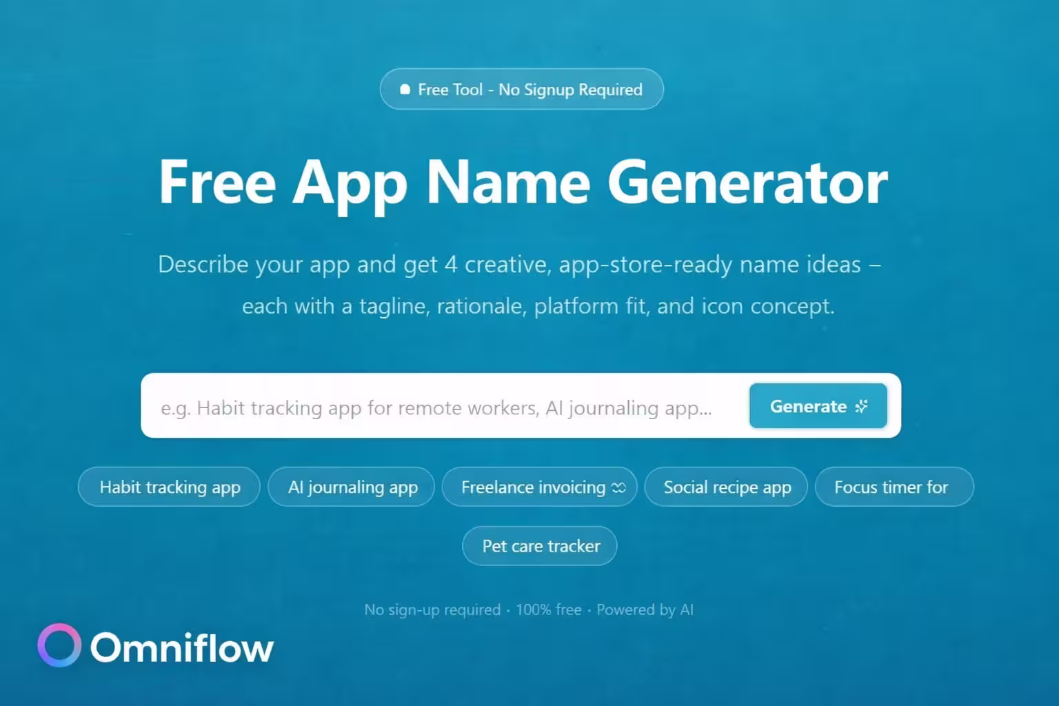 Image showing Omniflow's Free App Name Generator tool for business name ideas, free business name generator