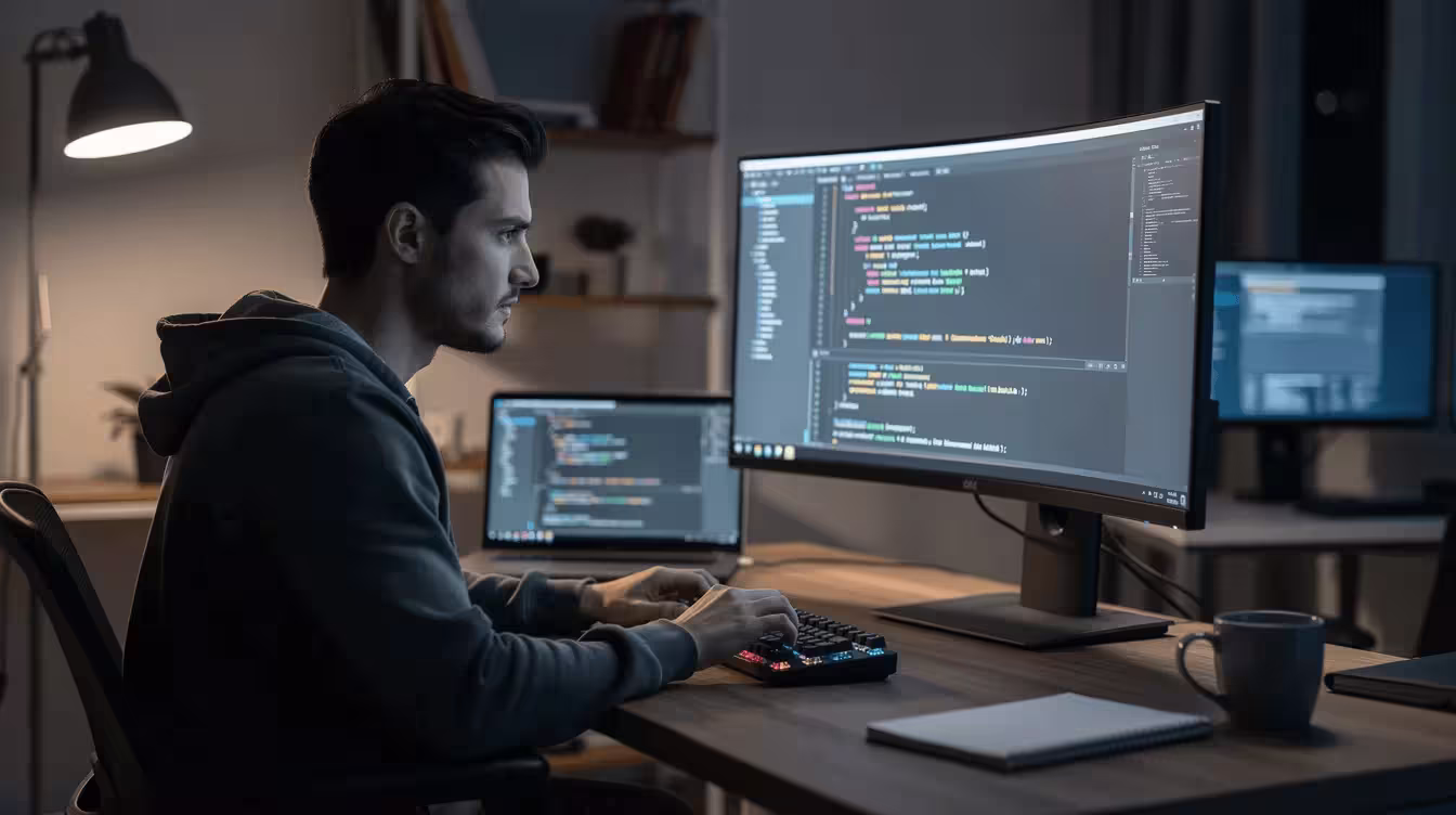 The image depicts a man focused on his computer screen, actively writing code for a software application. His workspace is organized, reflecting a professional image as he navigates the complexities of the coding process, likely brainstorming ideas for a successful app name or checking domain availability.