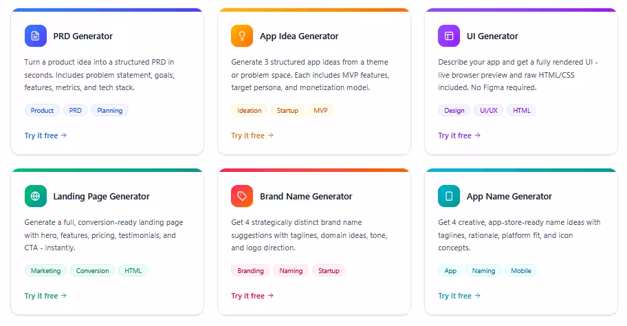 Image showing Omniflow's full suite a free AI tools for founders, product managers, and product teams, which includes tools like app name generator and logo maker (concept) to help you brainstorm business ideas and validate names