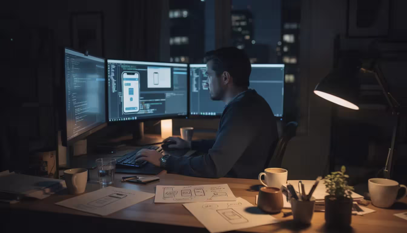 A software developer is working diligently at night, surrounded by cups of coffee, as they brainstorm and strategize the best solutions to bring their app ideas to life using a no code app builder. The scene captures the intense focus and creativity involved in mobile app development, emphasizing the developer's commitment to building successful apps for platforms like the Apple App Store and Google Play.