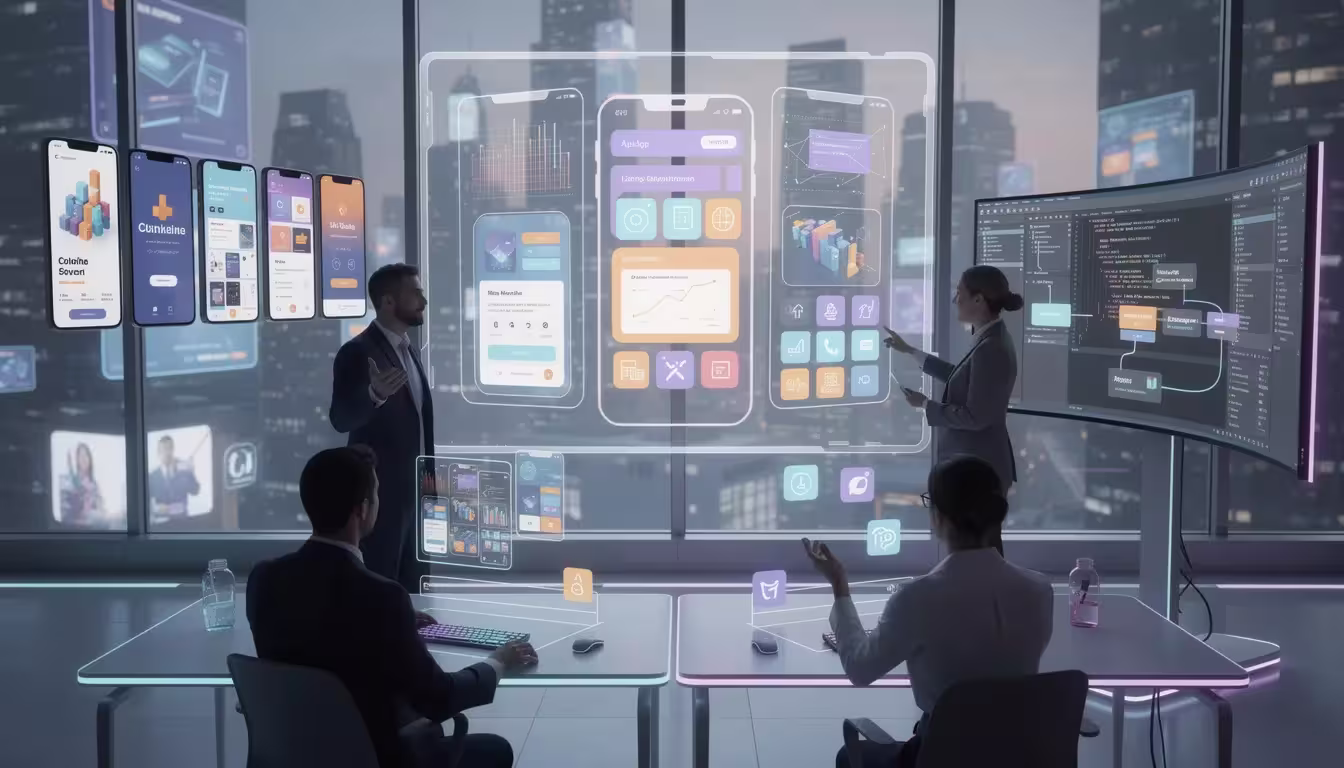 The image depicts a futuristic scene showcasing various user interfaces for mobile and web app development, featuring elements like drag and drop interfaces and AI-powered app builders. It illustrates the concept of building complex web apps and native mobile apps, emphasizing the ease of use offered by modern no code platforms.