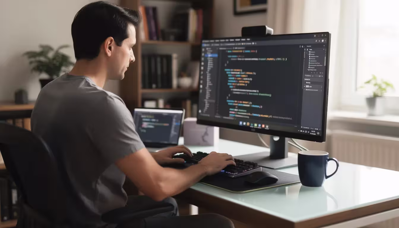 A man is sitting at a computer, deeply focused on writing code, with a browser-based IDE open on the screen. The scene captures the essence of app development and the use of powerful AI tools for creating fully working apps.