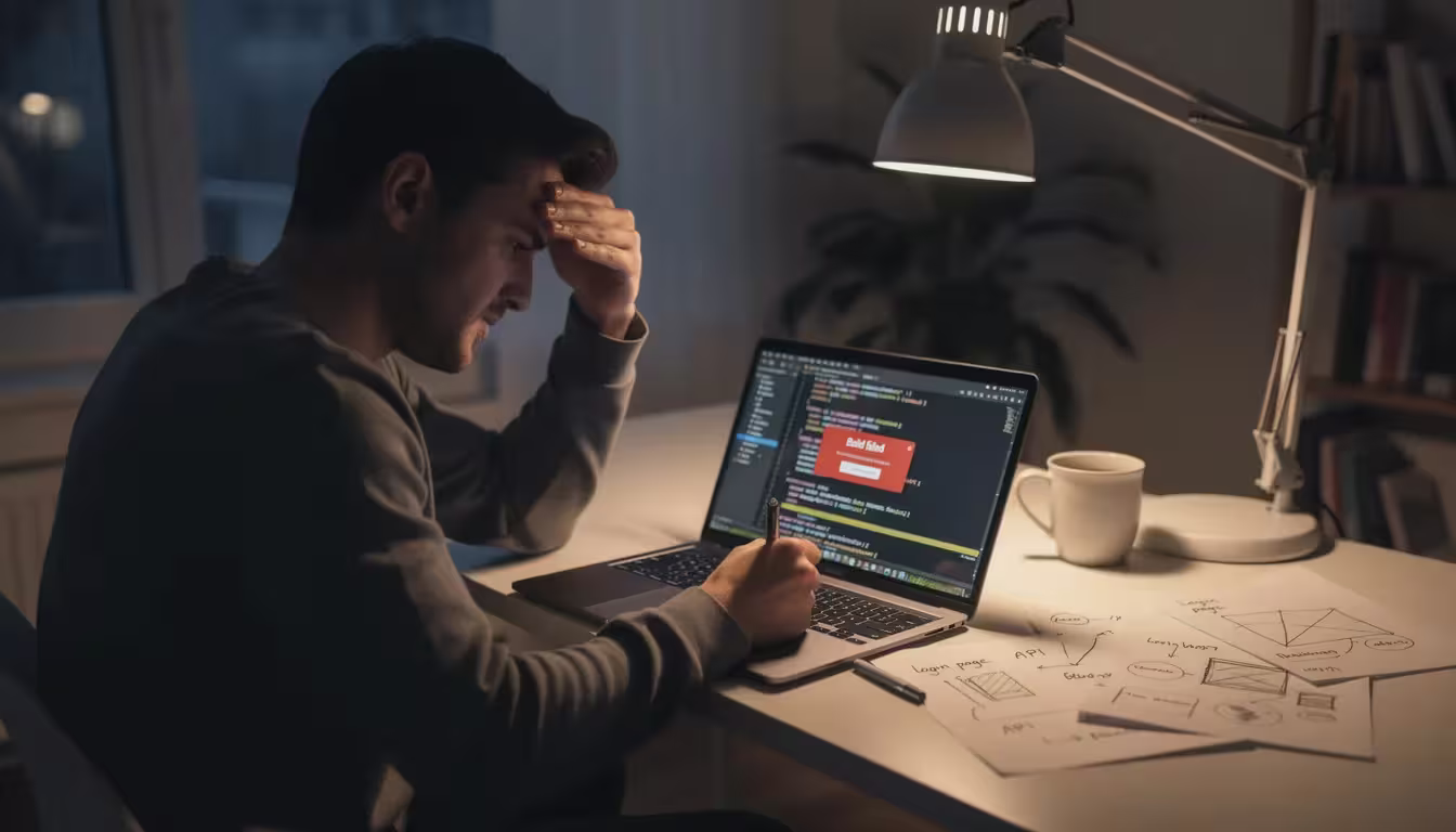 The image shows a frustrated man sitting at a desk, struggling to write code for app development on his laptop, reflecting the challenges faced by developers in creating full stack apps. His expression conveys the stress of manual setup and the need for powerful AI tools to streamline the process and enhance team collaboration.