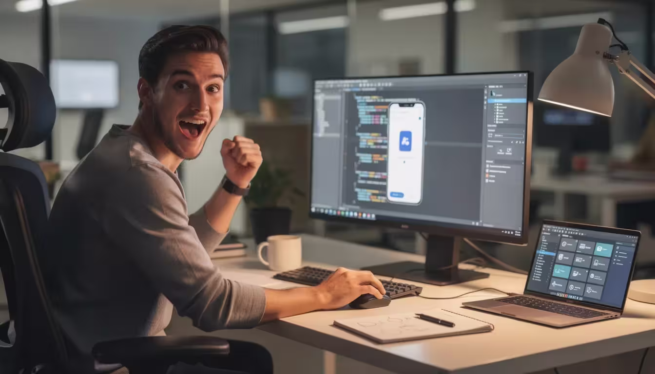 A man sits at a computer, his face lighting up with excitement as he celebrates the successful development of a new app, showcasing the powerful capabilities of app creation and coding. The scene embodies the joy of app development, highlighting the potential of AI tools and the thrill of bringing ideas to life through code.