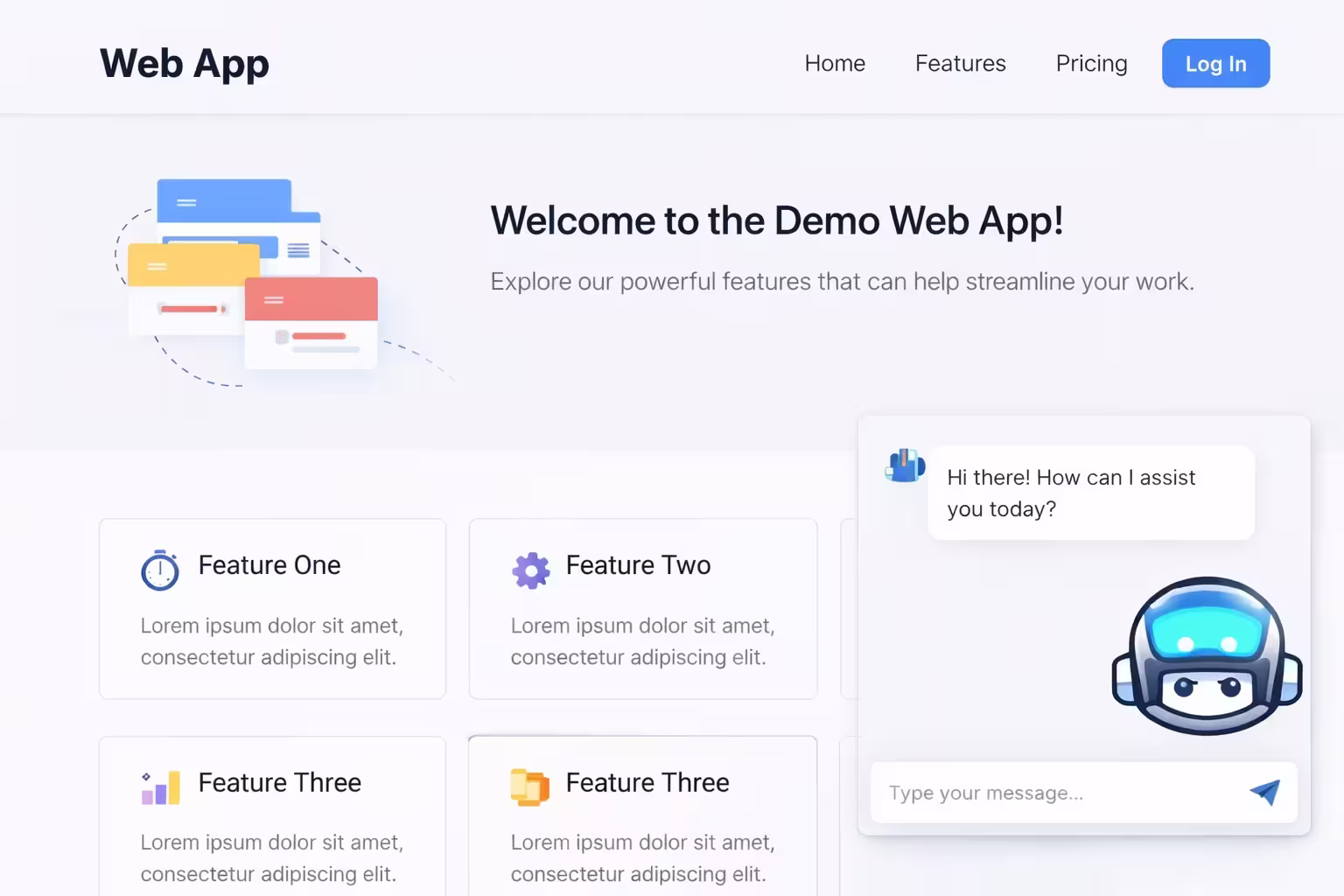 Image showing a basic web app with a chatbot feature which can be created using no code or low code app builders instead of programming large language models from scratch