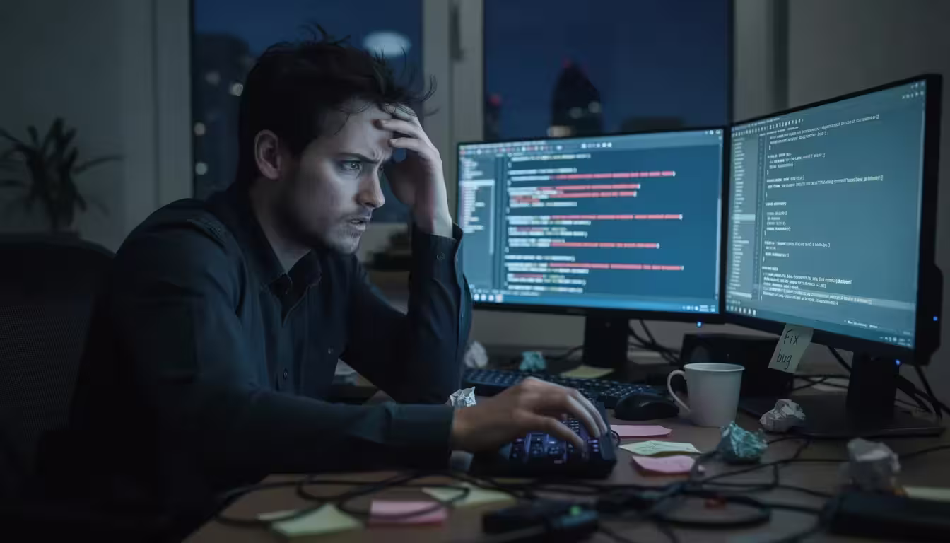 The image depicts a tired and frustrated UI designer or UX designer sitting at a cluttered desk, surrounded by multiple screens displaying complex user interface designs and user flows. Their expression reflects the challenges of the ui design process, as they struggle to balance intuitive interface elements and usability testing.