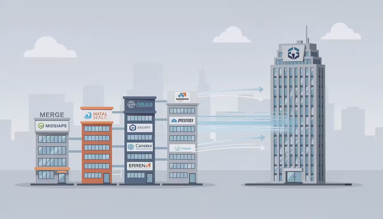 The image illustrates the concept of industry consolidation, featuring various companies merging and collaborating, symbolized by interconnected gears and AI tools. This visual representation highlights how organizations leverage artificial intelligence to gain a competitive advantage and drive innovation in the new era of technology.