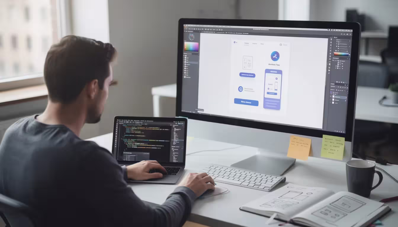 The image depicts a focused individual coding intently on a google workspace (g-suite) user interface design and video conferencing tool surrounded by multiple screens displaying project management tools and customer data. This scene illustrates the modern SaaS applications development process, highlighting the importance of user experience in software as a service solutions.