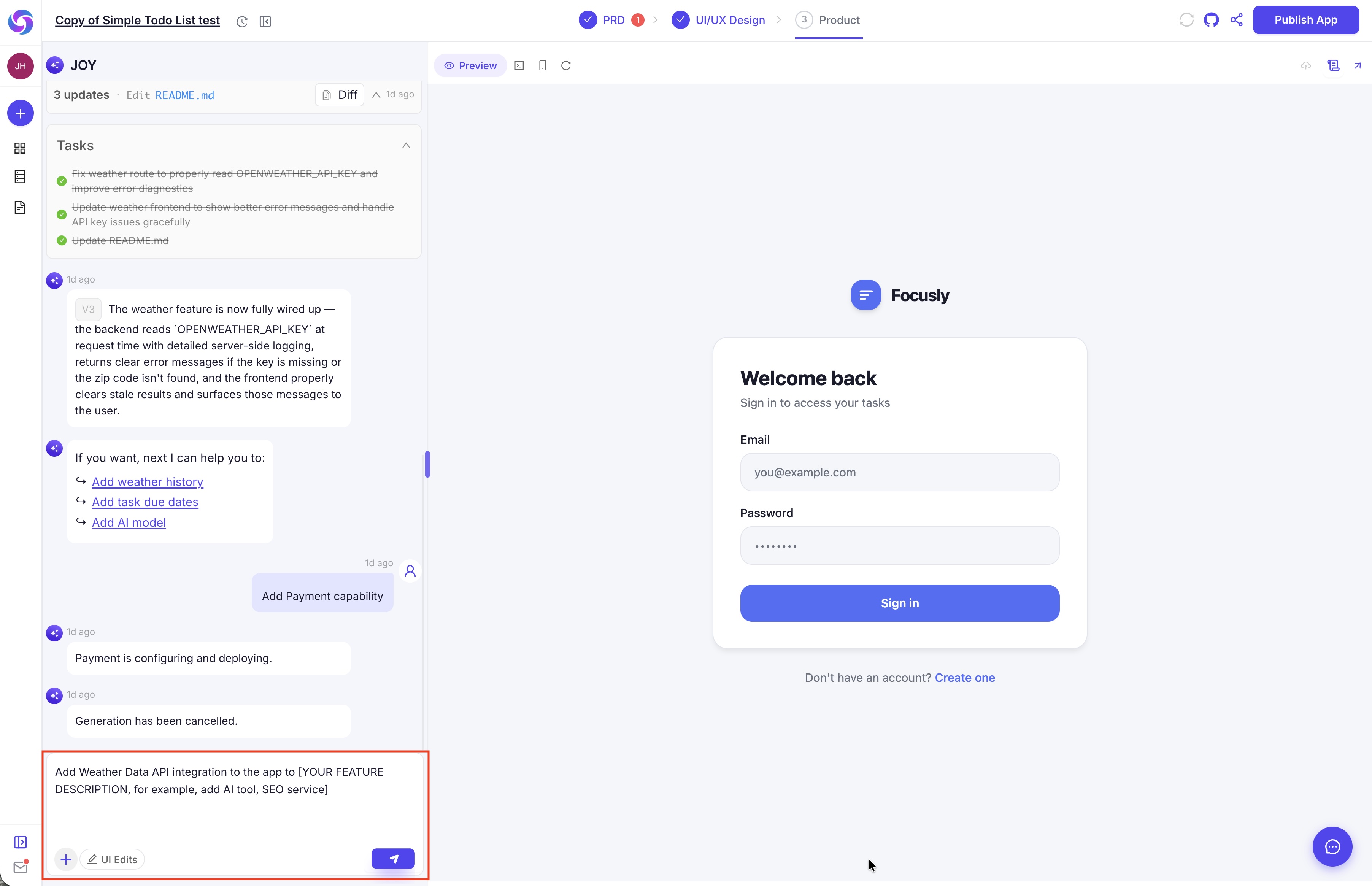Generated prompt for editing what to build with the API after connector setup